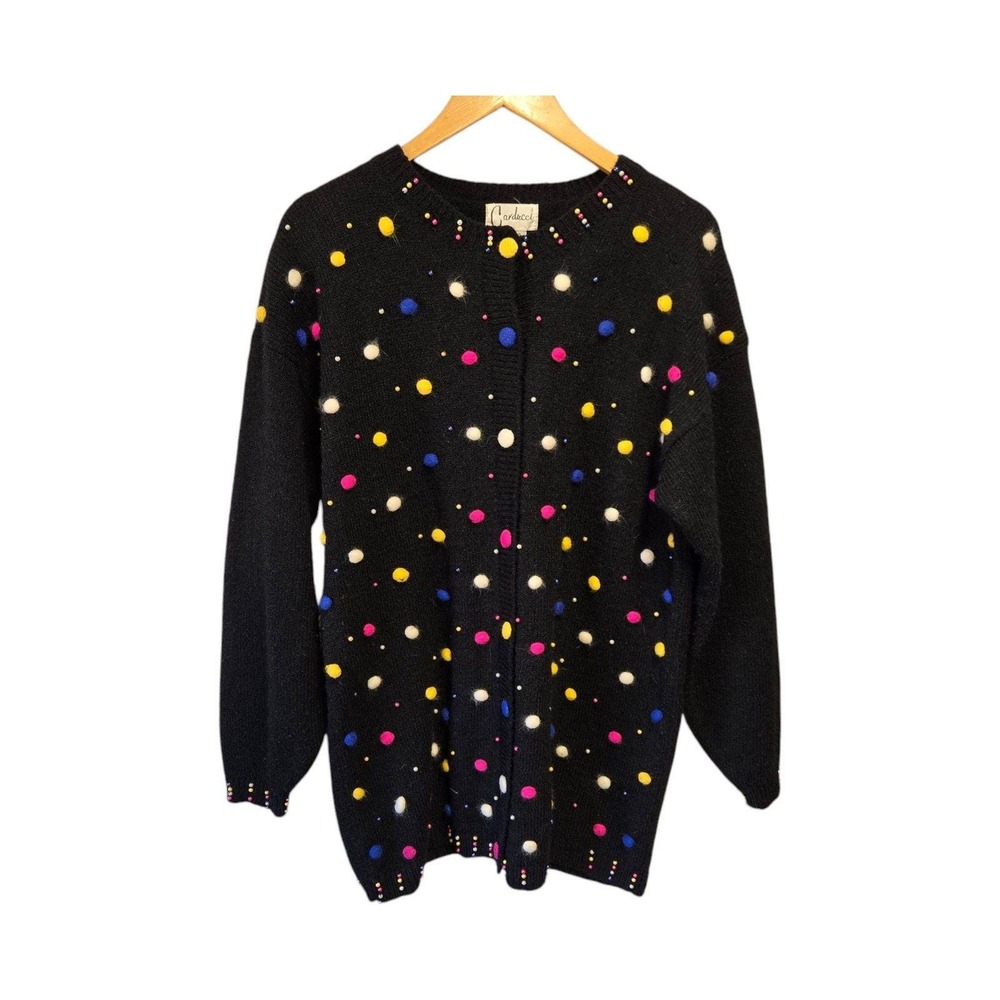 Vintage CARDUCCI Cardigan Wool Blend Pom Pom Beaded Sweater‎ Medium